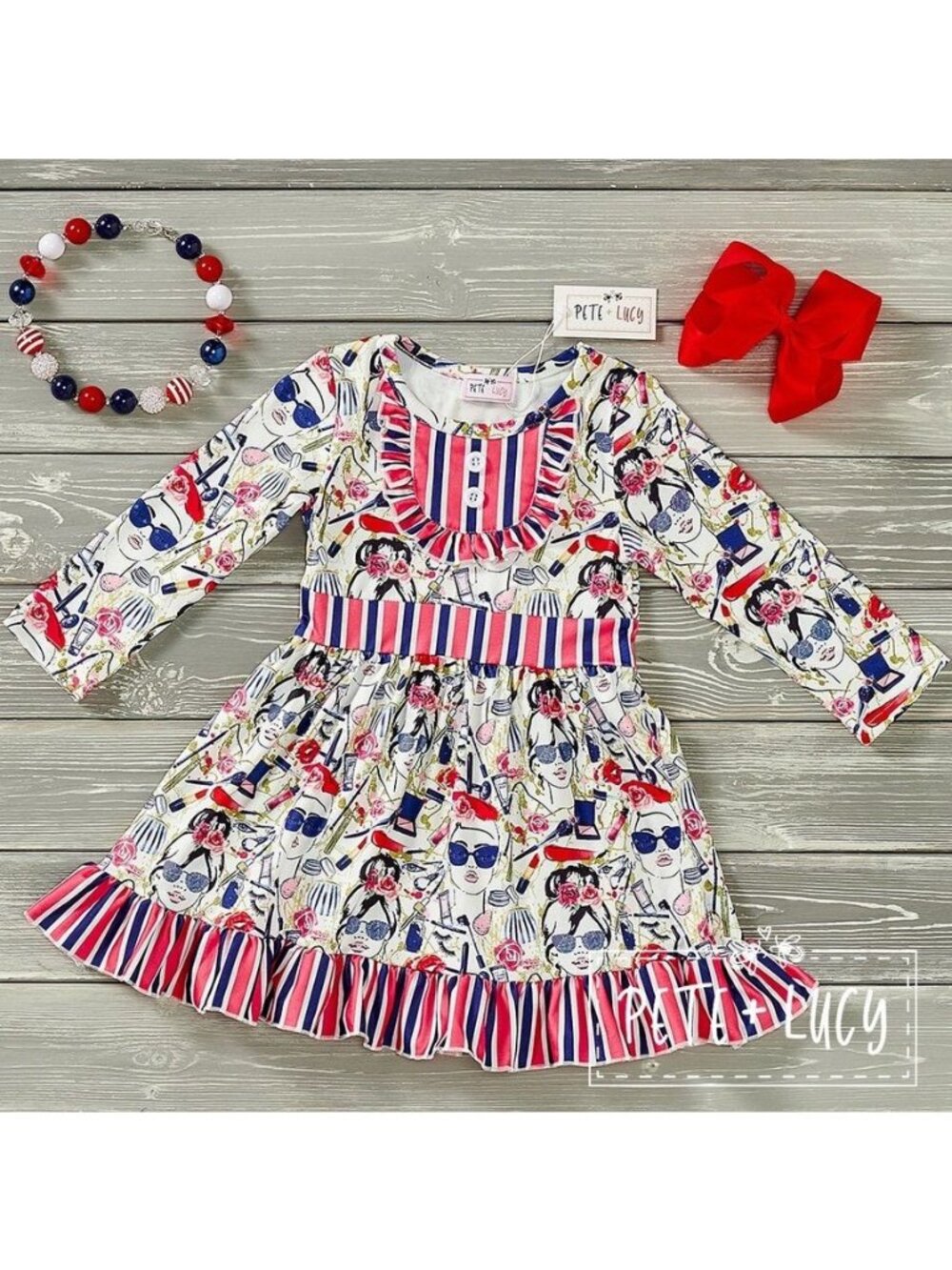 Pete + Lucy Girls Dress 3T Glamour Stripes Long Sleeve Ruffle New